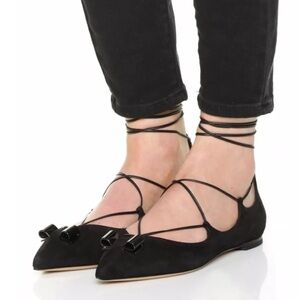 Salvatore Ferragamo Claire Black Suede Ankle Strap Bow Wraparound Flats US 5